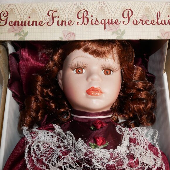 Dan Dee Fine Bisque Porcelain Doll In Burgundy Dress With Lace & Bow LE NIB - Picture 4 of 11